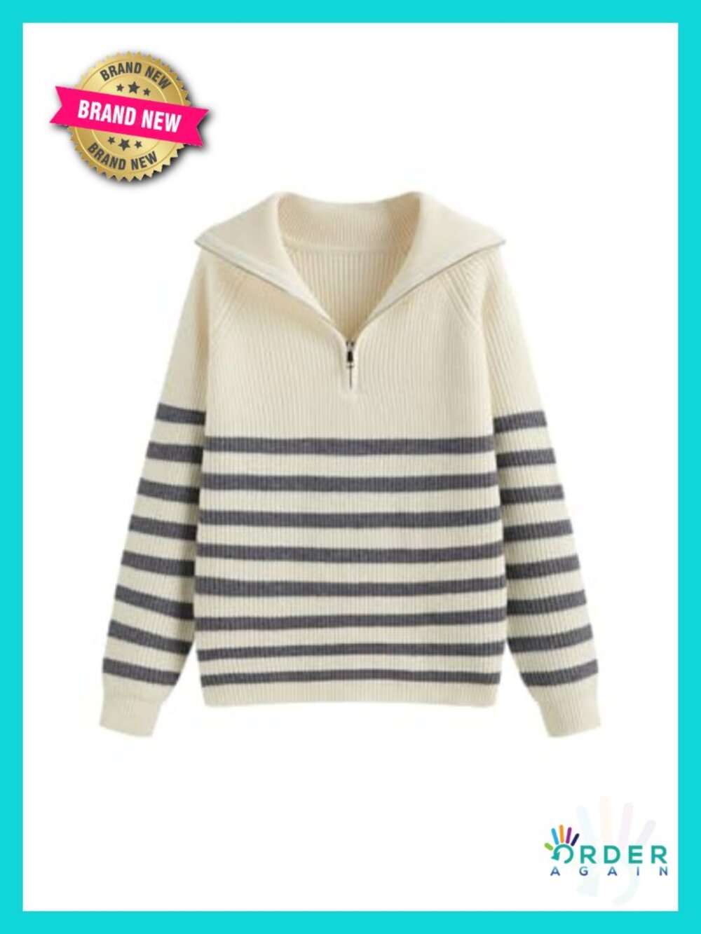 Women's Striped Quarter Zip Pullover Sweater Mock Neck Knit Fall Casual